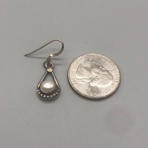 Sterling Silver Earrings Faux Pearl Teardrop Dangle Pierced Dainty 1" - Picture 6 of 8